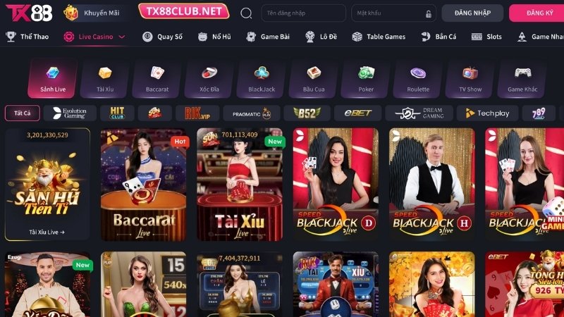 Các trò chơi cá cược live casino TX88